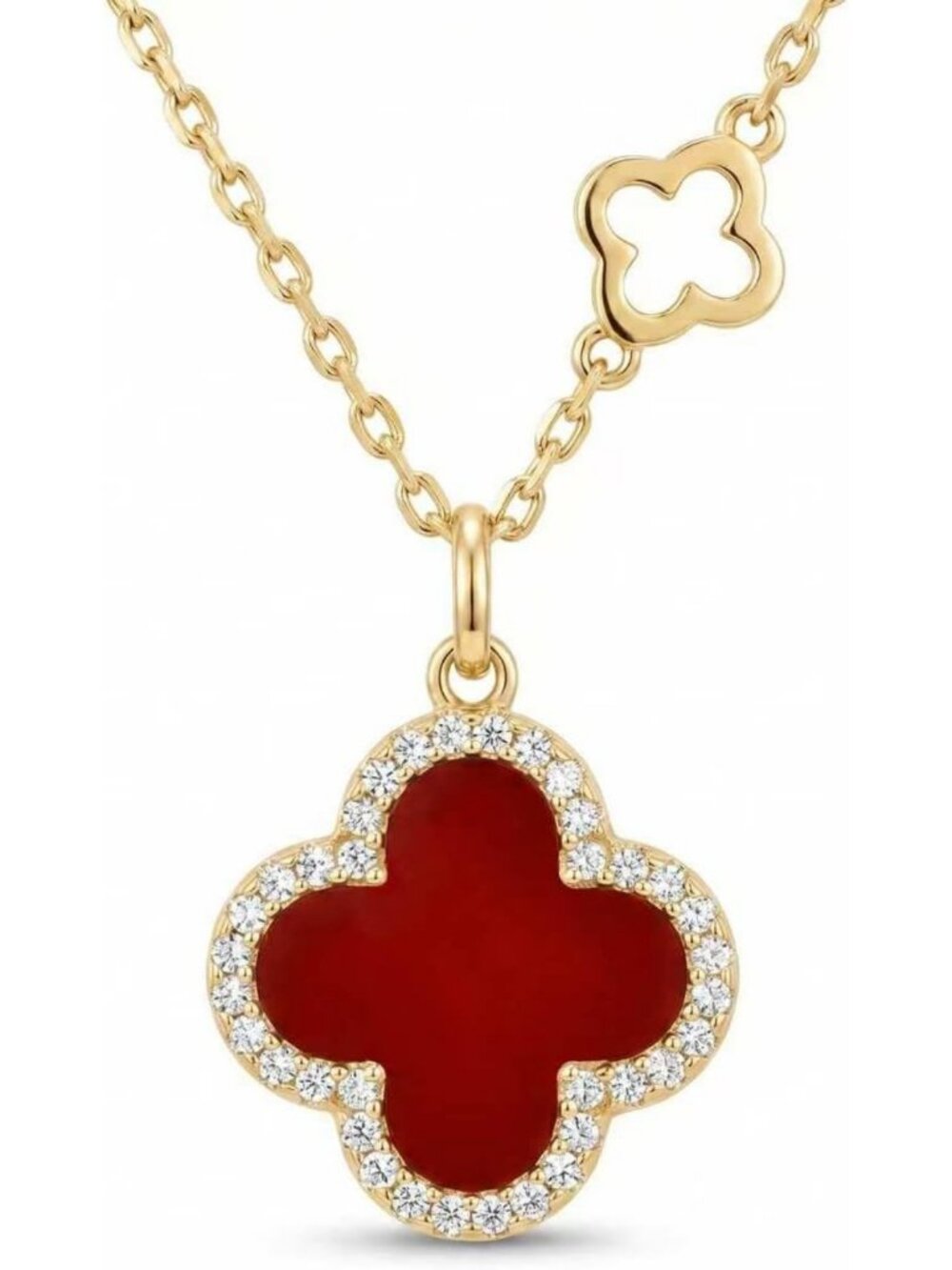 Sparkling Four Leaf Clover Necklace, 925 Sterling Silver, Red/Black Agate